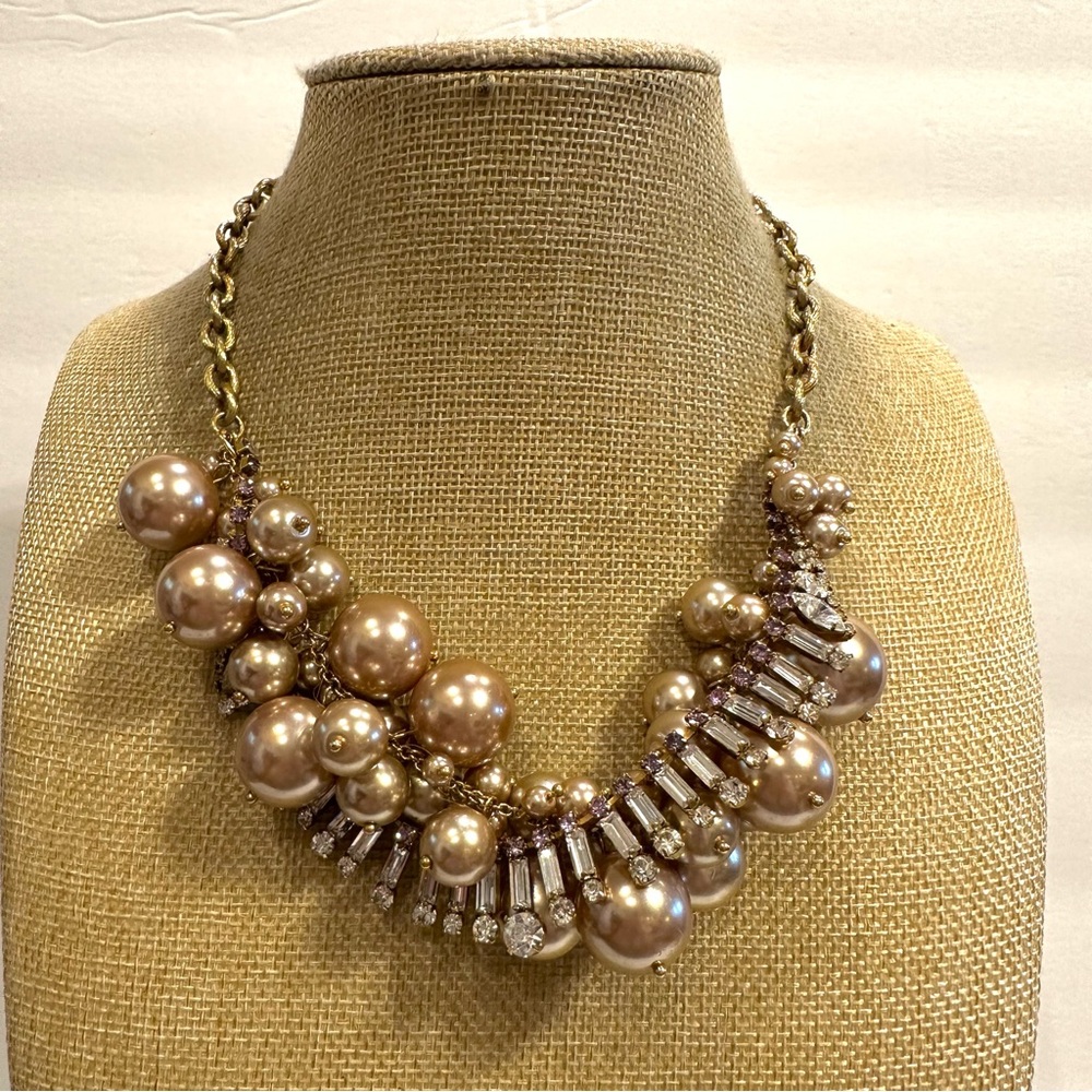 J. Crew Chunky Necklace-champagne faux pearls w/ strand of clear & pink crystals
